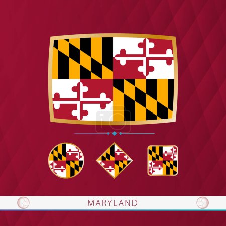 Illustration for Set of Maryland flags with gold frame for use at sporting events on a burgundy abstract background. - Royalty Free Image