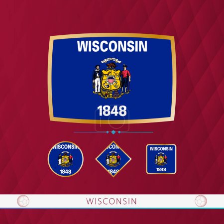 Ilustración de Set of Wisconsin flags with gold frame for use at sporting events on a burgundy abstract background. - Imagen libre de derechos