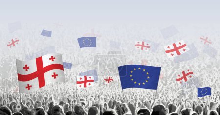Illustration for Peoples protest or cheering with flag of Georgia and European Union. Vector illustration. - Royalty Free Image