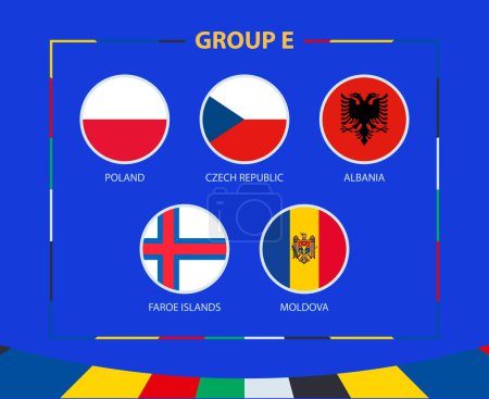 Illustration for Circle flags of Group E. Participants of qualifying European football tournament 2024. Football vector background. - Royalty Free Image