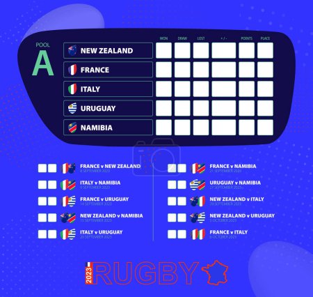 Illustration for Rugby cup 2023, Pool A match schedule. Flags of New Zealand, France, Italy, Uruguay, Namibia. Template for rugby tournament. - Royalty Free Image