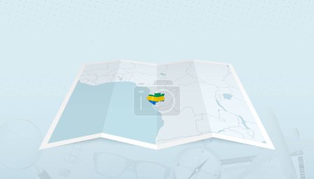 Ilustración de Mapa de Gabón con la bandera de Gabón en el contorno del mapa sobre un fondo abstracto de viaje. - Imagen libre de derechos