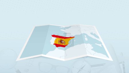 Ilustración de Mapa de España con la bandera de España en el contorno del mapa sobre un fondo abstracto de viaje. - Imagen libre de derechos