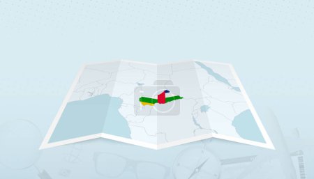 Ilustración de Mapa de República Centroafricana con la bandera de República Centroafricana en el contorno del mapa sobre un fondo abstracto de viaje. - Imagen libre de derechos