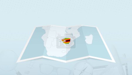 Illustration for Map of Zimbabwe with the flag of Zimbabwe in the contour of the map on a trip abstract backdrop. - Royalty Free Image