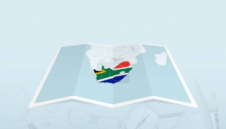 Illustration for Map of South Africa with the flag of South Africa in the contour of the map on a trip abstract backdrop. - Royalty Free Image