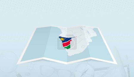 Ilustración de Mapa de Namibia con la bandera de Namibia en el contorno del mapa sobre un fondo abstracto de viaje. - Imagen libre de derechos