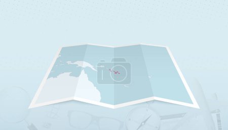 Illustration for Map of Solomon Islands with the flag of Solomon Islands in the contour of the map on a trip abstract backdrop. - Royalty Free Image