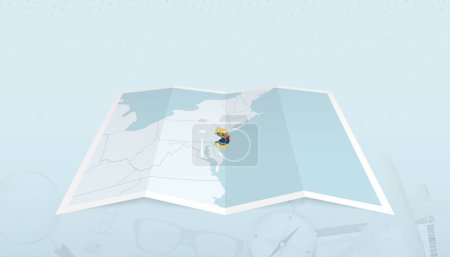 Ilustración de Mapa de Nueva Jersey con la bandera de Nueva Jersey en el contorno del mapa sobre un telón de fondo abstracto de viaje. - Imagen libre de derechos
