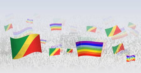 Illustration for People waving Peace flags and flags of Congo. Illustration of throng celebrating or protesting with flag of Congo and the peace flag. - Royalty Free Image