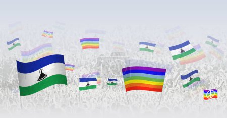 Ilustración de Gente ondeando banderas de Paz y banderas de Lesotho. Ilustración de multitudes celebrando o protestando con la bandera de Lesotho y la bandera de la paz. - Imagen libre de derechos