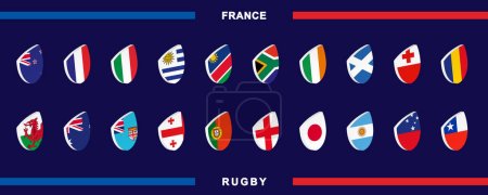 Téléchargez les illustrations : Icône fixée avec le drapeau des équipes nationales pour la compétition de rugby 2023. Chaque icône du championnat du monde des participants. Collecte vectorielle. - en licence libre de droit
