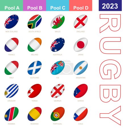Illustration for Flags of the nations participating in Rugby 2023. 20 flags in the style of a Rugby ball. Vector illustration. - Royalty Free Image