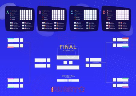 Illustration for World 2023 match schedule, Rugby tournament results table with flags of participants. Vector bracket. - Royalty Free Image