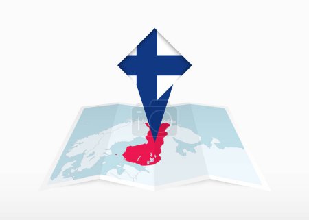 Téléchargez les illustrations : La Finlande est représentée sur une carte en papier plié et épinglé marqueur de position avec le drapeau de la Finlande. - en licence libre de droit