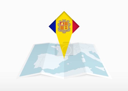 Illustration for Andorra is depicted on a folded paper map and pinned location marker with flag of Andorra. - Royalty Free Image