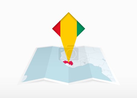 Ilustración de Guinea se representa en un mapa de papel doblado y marcador de ubicación con bandera de Guinea. - Imagen libre de derechos