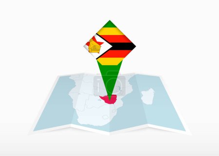 Illustration for Zimbabwe is depicted on a folded paper map and pinned location marker with flag of Zimbabwe. - Royalty Free Image