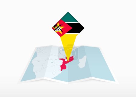 Téléchargez les illustrations : Mozambique est représenté sur une carte en papier plié et épinglé marqueur de position avec le drapeau du Mozambique. - en licence libre de droit