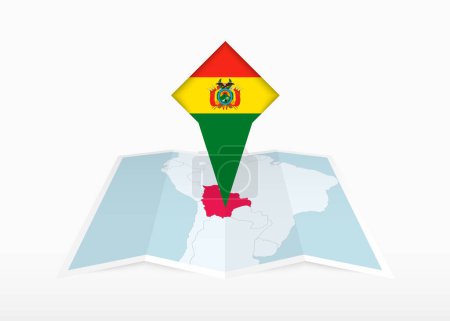 Téléchargez les illustrations : La Bolivie est représentée sur une carte en papier plié et épinglé marqueur de position avec le drapeau de la Bolivie. - en licence libre de droit