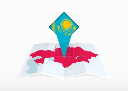 Ilustración de Kazajstán se representa en un mapa de papel doblado y marcador de ubicación con bandera de Kazajstán. - Imagen libre de derechos