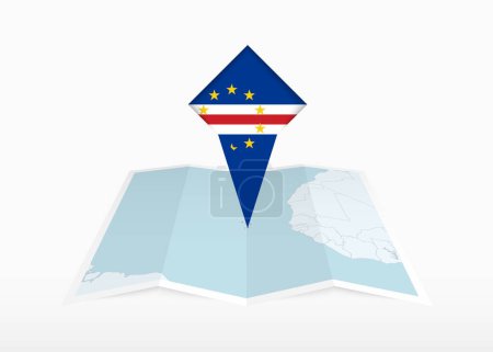Illustration for Cape Verde is depicted on a folded paper map and pinned location marker with flag of Cape Verde. - Royalty Free Image