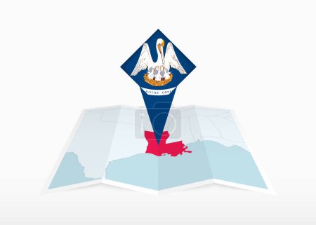 Ilustración de Louisiana se representa en un mapa de papel doblado y marcador de ubicación con la bandera de Louisiana. - Imagen libre de derechos