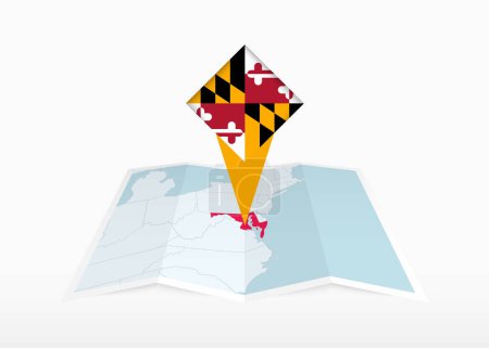 Maryland is depicted on a folded paper map and pinned location marker with flag of Maryland.
