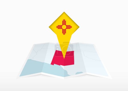 Ilustración de Nuevo México se representa en un mapa de papel doblado y marcador de ubicación con bandera de Nuevo México. - Imagen libre de derechos