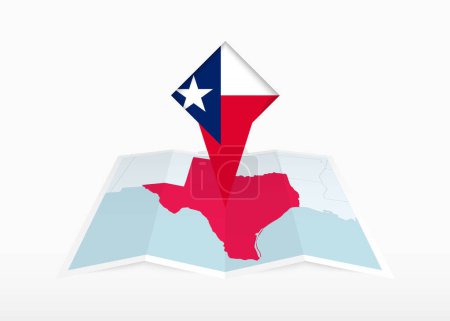 Ilustración de Texas se representa en un mapa de papel doblado y marcador de ubicación con bandera de Texas. - Imagen libre de derechos