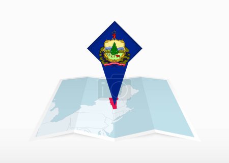 Ilustración de Vermont se representa en un mapa de papel doblado y marcador de ubicación con bandera de Vermont. - Imagen libre de derechos