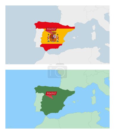 Ilustración de Mapa de España con pin de la capital del país. Dos tipos de mapa de España con los países vecinos. - Imagen libre de derechos