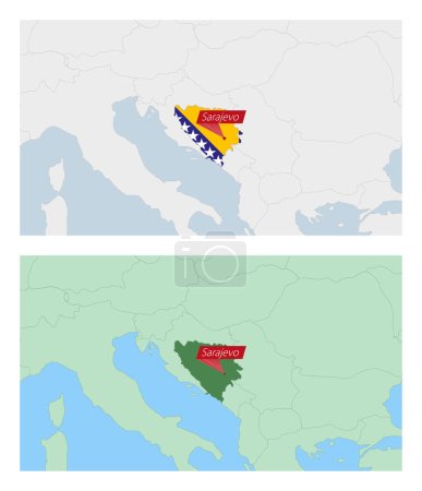 Téléchargez les illustrations : Carte de Bosnie-Herzégovine avec épinglette de la capitale du pays. Deux types de carte de Bosnie-Herzégovine avec les pays voisins. - en licence libre de droit