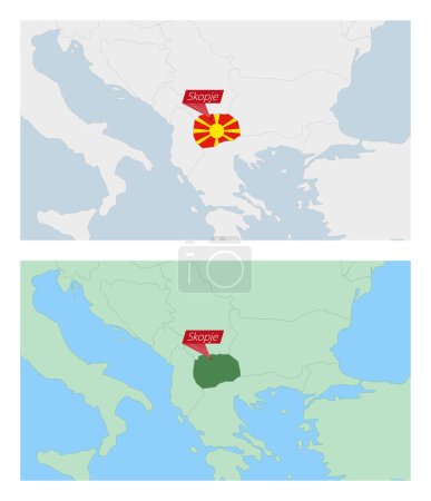 Téléchargez les illustrations : Carte de Macédoine du Nord avec épingle de capitale du pays. Deux types de carte de Macédoine du Nord avec les pays voisins. - en licence libre de droit