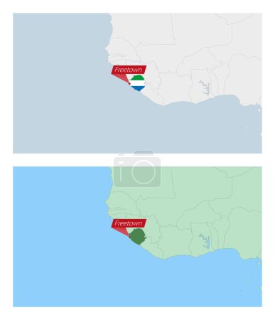 Ilustración de Sierra Leona mapa con pin de la capital del país. Dos tipos de mapa de Sierra Leona con los países vecinos. - Imagen libre de derechos