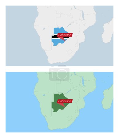 Téléchargez les illustrations : Carte du Botswana avec épingle de la capitale du pays. Deux types de carte du Botswana avec les pays voisins. - en licence libre de droit