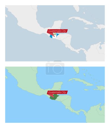 Ilustración de Guatemala mapa con pin de la capital del país. Dos tipos de mapa de Guatemala con los países vecinos. - Imagen libre de derechos