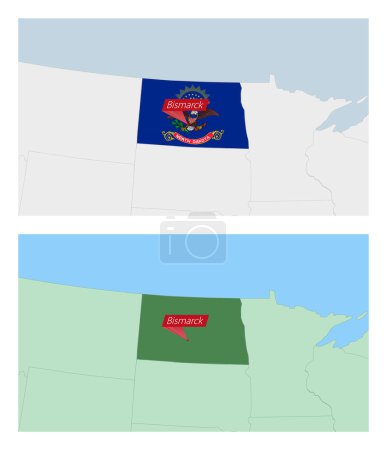 Téléchargez les illustrations : Carte du Dakota du Nord avec épingle de capitale du pays. Deux types de carte du Dakota du Nord avec les pays voisins. - en licence libre de droit