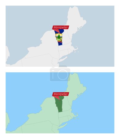 Ilustración de Vermont mapa con pin de la capital del país. Dos tipos de mapa de Vermont con los países vecinos. - Imagen libre de derechos