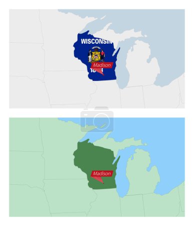 Ilustración de Wisconsin mapa con pin de la capital del país. Dos tipos de mapa de Wisconsin con los países vecinos. - Imagen libre de derechos