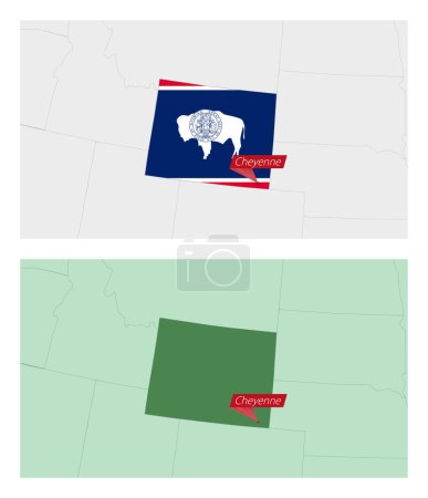 Ilustración de Wyoming mapa con pin de la capital del país. Dos tipos de mapa de Wyoming con los países vecinos. - Imagen libre de derechos