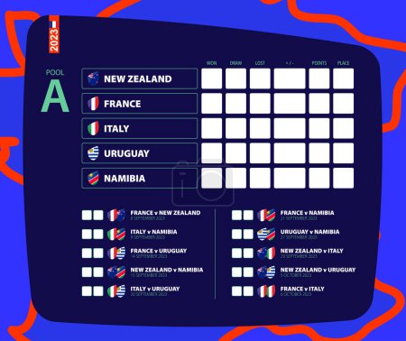 Illustration for Schedule for all rugby matches of pool A, scoreboard of rugby competition 2023. Vector icon. - Royalty Free Image