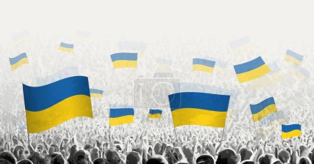 Illustration for Abstract crowd with flag of Ukraine. Peoples protest, revolution, strike and demonstration with flag of Ukraine. - Royalty Free Image
