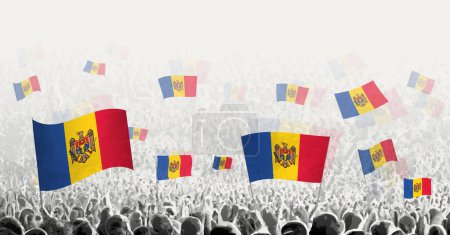 Illustration for Abstract crowd with flag of Moldova. Peoples protest, revolution, strike and demonstration with flag of Moldova. - Royalty Free Image