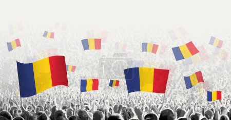 Illustration for Abstract crowd with flag of Romania. Peoples protest, revolution, strike and demonstration with flag of Romania. - Royalty Free Image