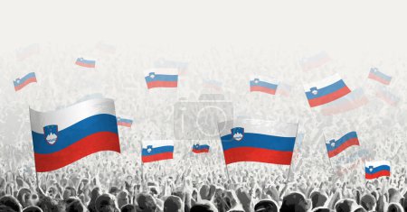 Illustration for Abstract crowd with flag of Slovenia. Peoples protest, revolution, strike and demonstration with flag of Slovenia. - Royalty Free Image