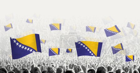 Illustration for Abstract crowd with flag of Bosnia and Herzegovina. Peoples protest, revolution, strike and demonstration with flag of Bosnia and Herzegovina. - Royalty Free Image