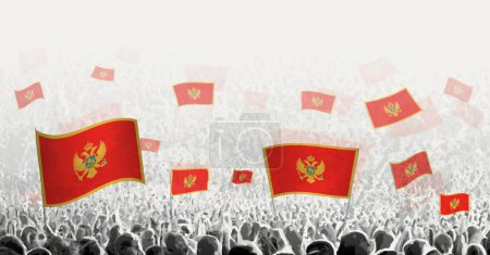 Illustration for Abstract crowd with flag of Montenegro. Peoples protest, revolution, strike and demonstration with flag of Montenegro. - Royalty Free Image