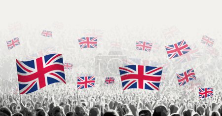 Illustration for Abstract crowd with flag of United Kingdom. Peoples protest, revolution, strike and demonstration with flag of United Kingdom. - Royalty Free Image