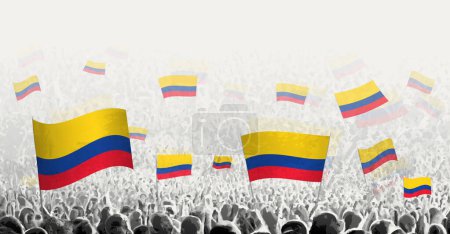 Multitud abstracta con bandera de Colombia. Protesta popular, revolución, huelga y manifestación con bandera de Colombia.